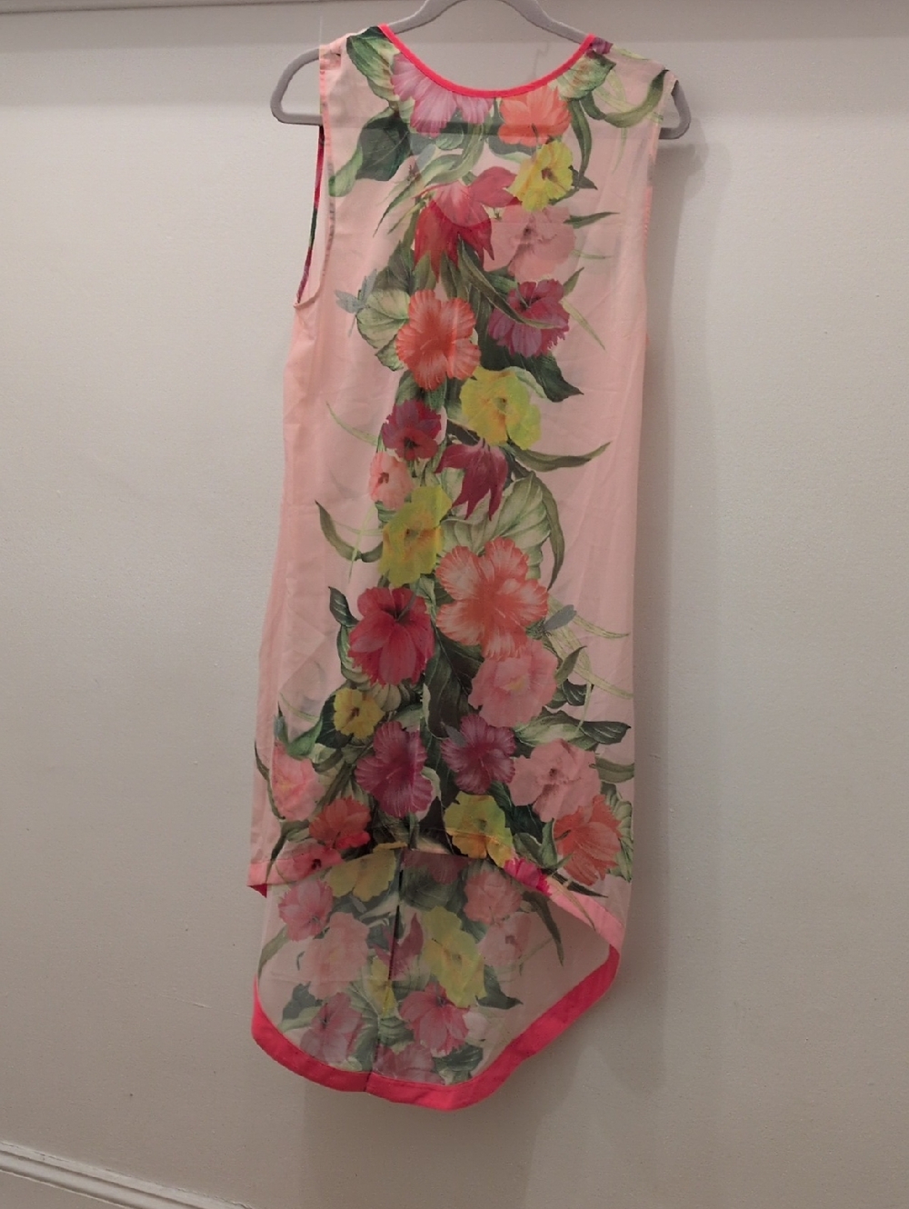 Sleeveless Pink Floral Hi-Low Sheer Cover Up